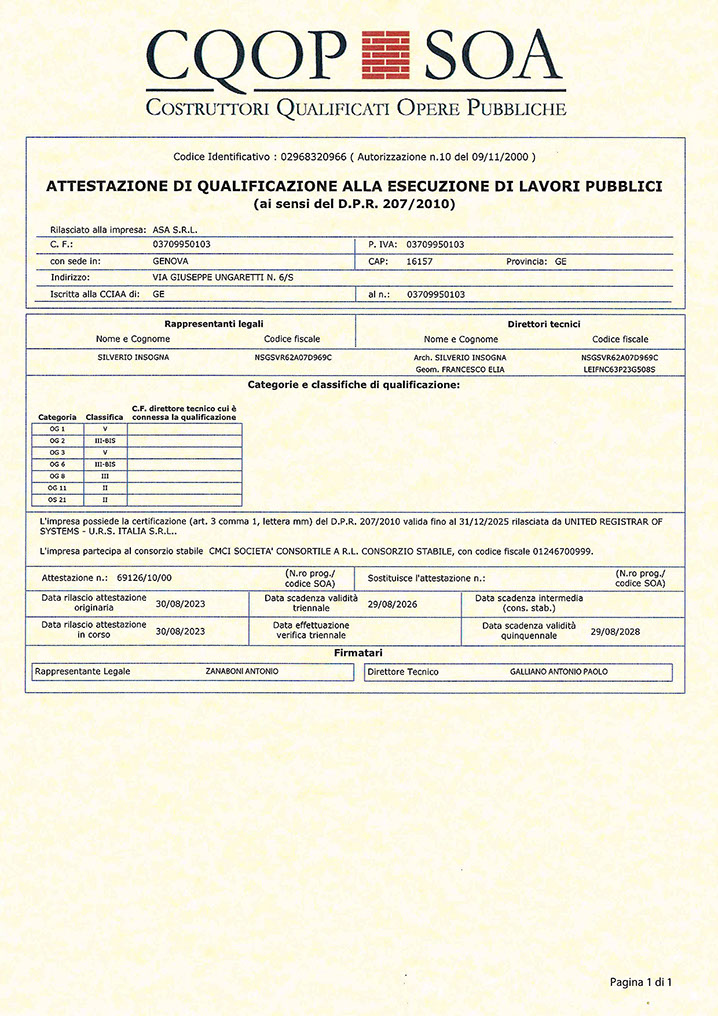 ASA Genova - CQOP SOA - Attestazione di qualificazione alla esecuzione di lavori pubblici