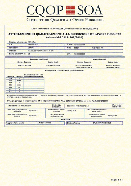 ASA Genova - CQOP SOA - Attestazione di qualificazione alla esecuzione di lavori pubblici